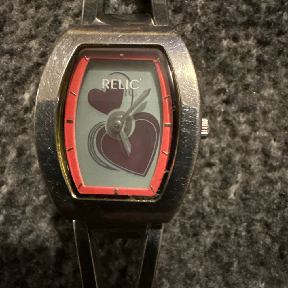 Relic Silver Watch with Double Red Heart Accents